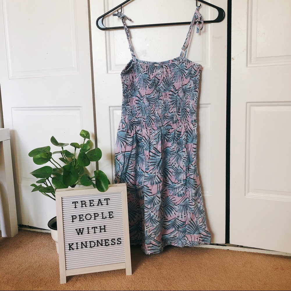 PINK BLUE PALM TREE TROPICAL SHIRRED BEACH DRESS